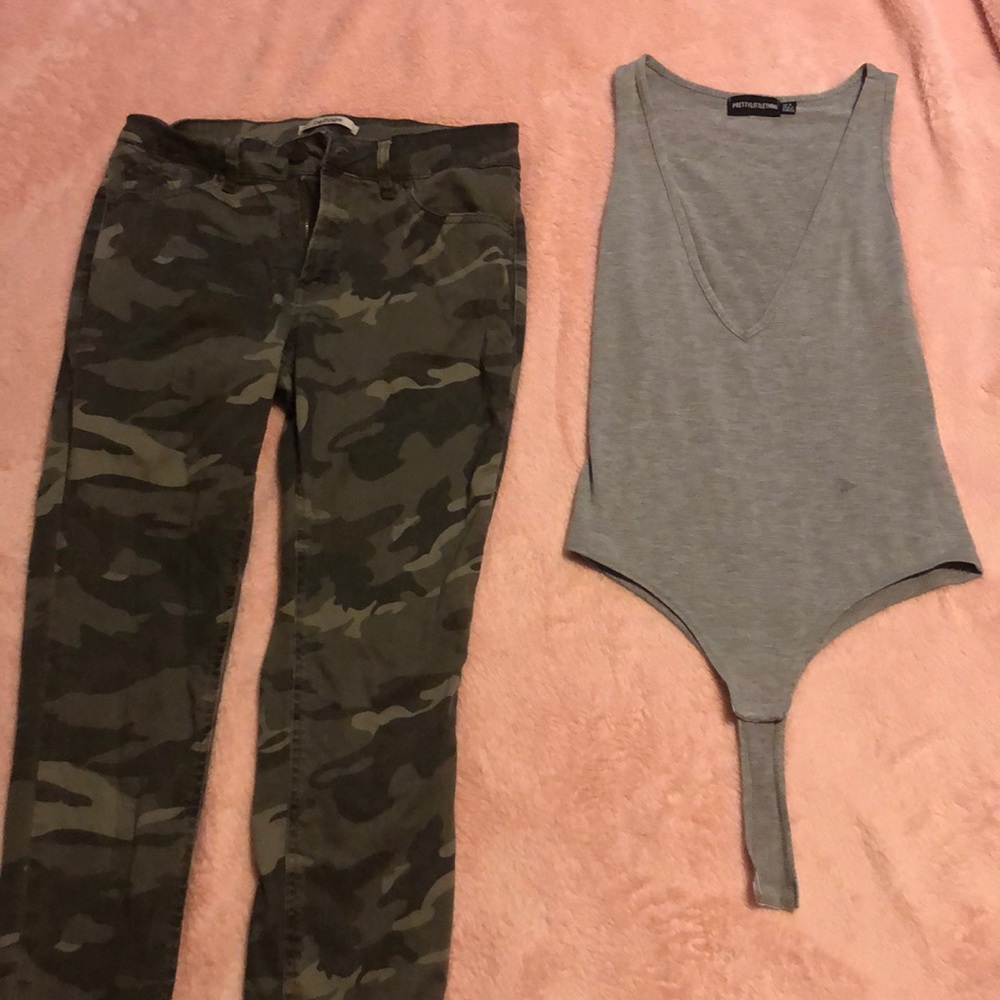 Army camouflage pants. Bodysuit